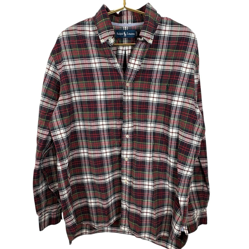 Vintage Ralph Lauren Red Green Plaid Button Down Shirt Christmas Cotton Sz Large
